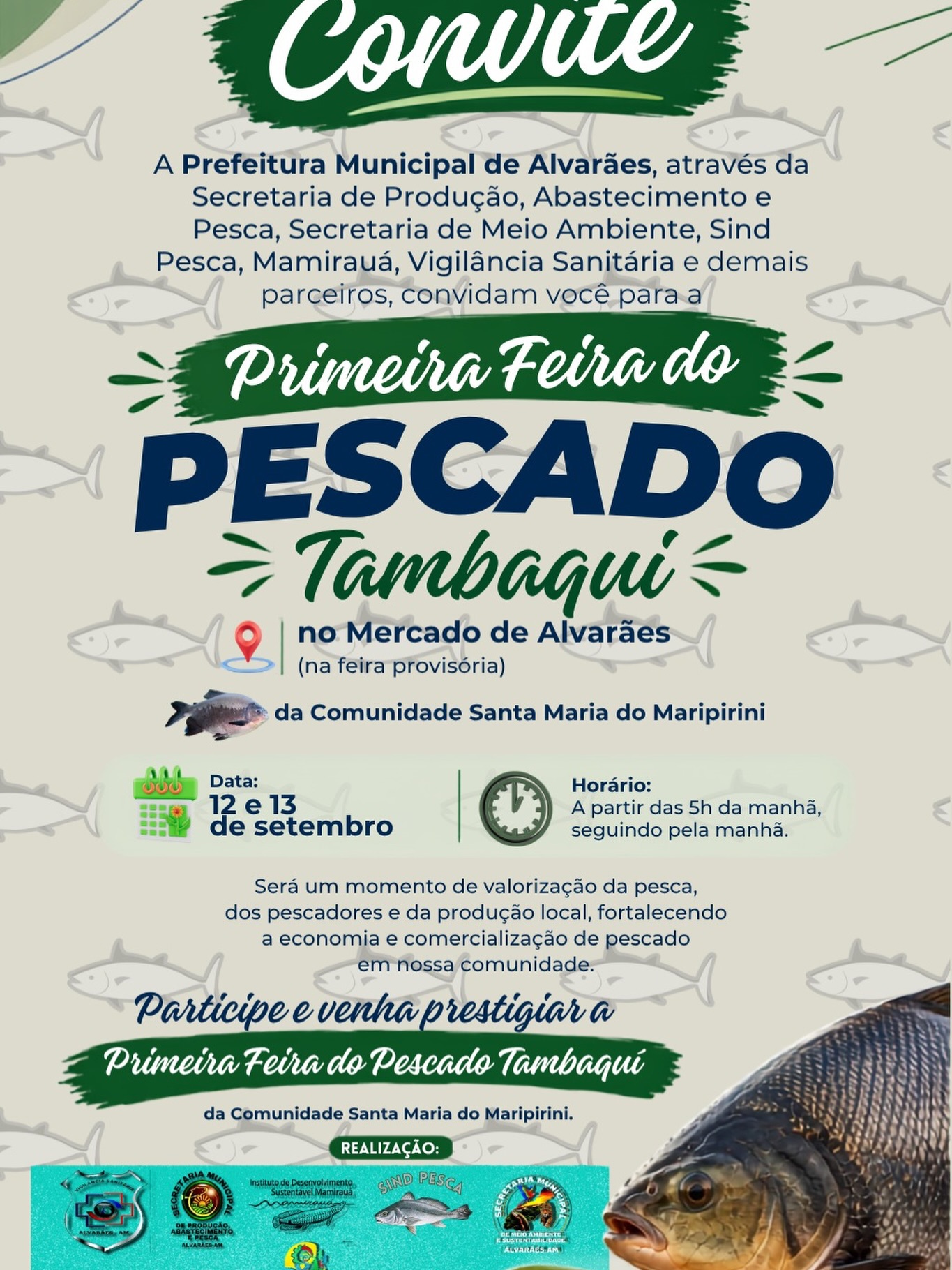 Convite digital da Prefeitura de Alvarães para a Primeira Feira do Pescado Tambaqui, nos dias 12 e 13 de setembro, no Mercado de Alvarães.