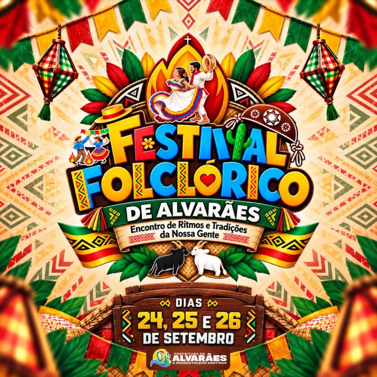 Cartaz ilustrado e colorido do Festival Folclórico de Alvarães, com bandeirinhas, balões de São João e as datas de 24, 25 e 26 de setembro
